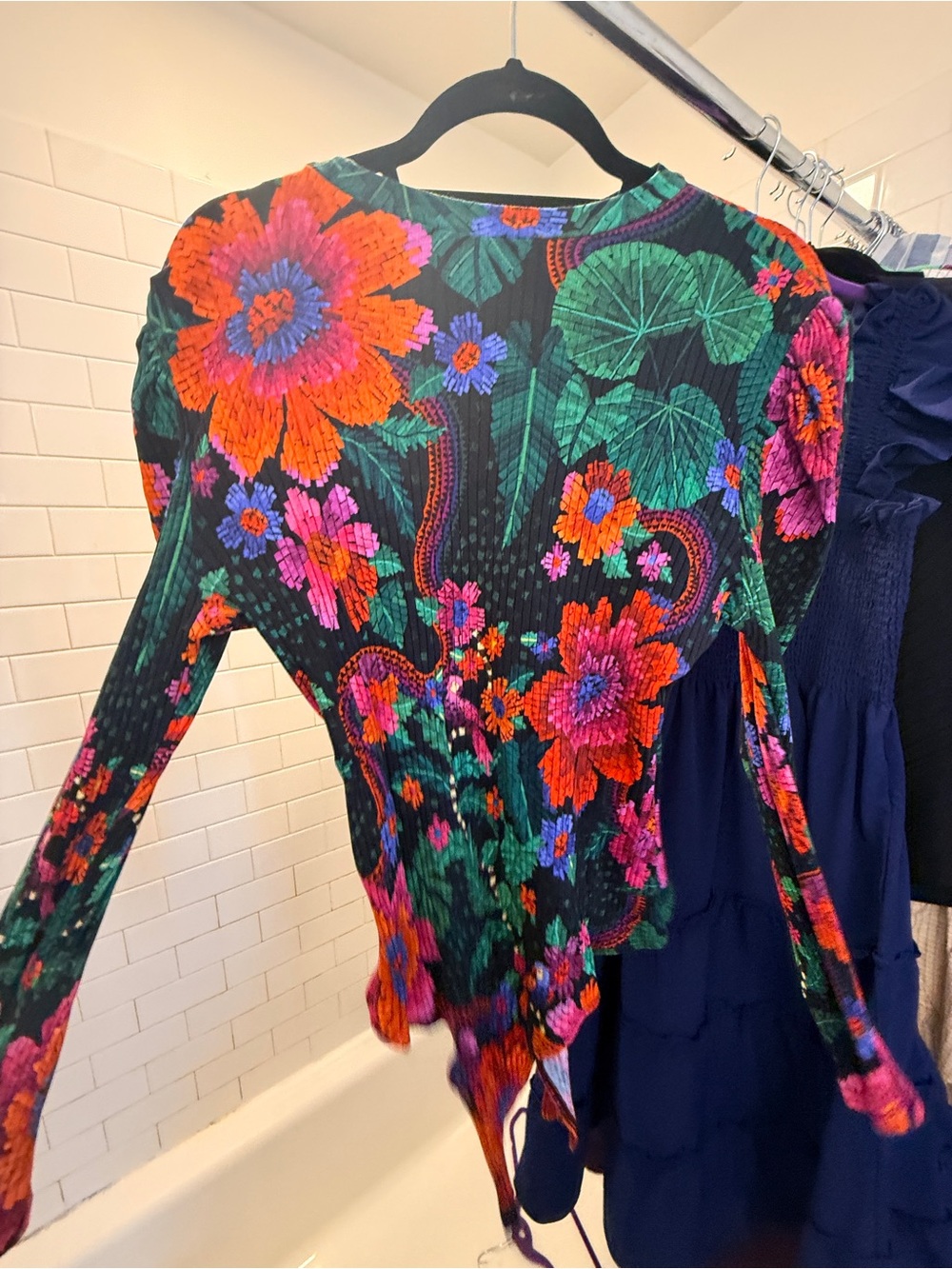 FARM Rio Black Floral Long-Sleeve Bodysuit with Bright Multicolor Flowers, XL